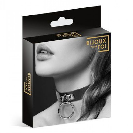 Чокер с кольцом для поводка Bijoux Pour Toi - FETISH Black, экокожа