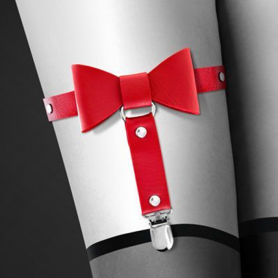 Гартер на ногу Bijoux Pour Toi - WITH BOW Red, сексуальная подвязка с бантиком, экокожа