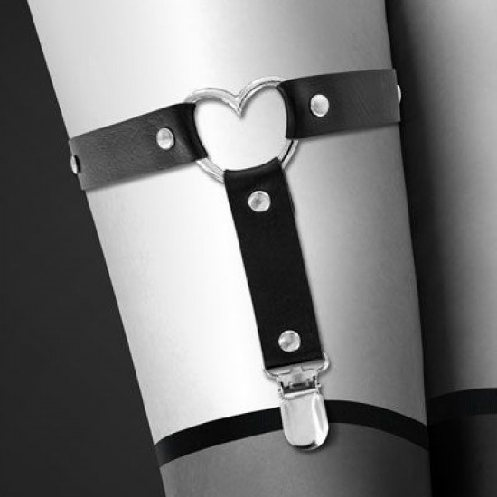 Гартер на ногу Bijoux Pour Toi - WITH HEART Black, сексуальная подвязка с сердечком, экокожа