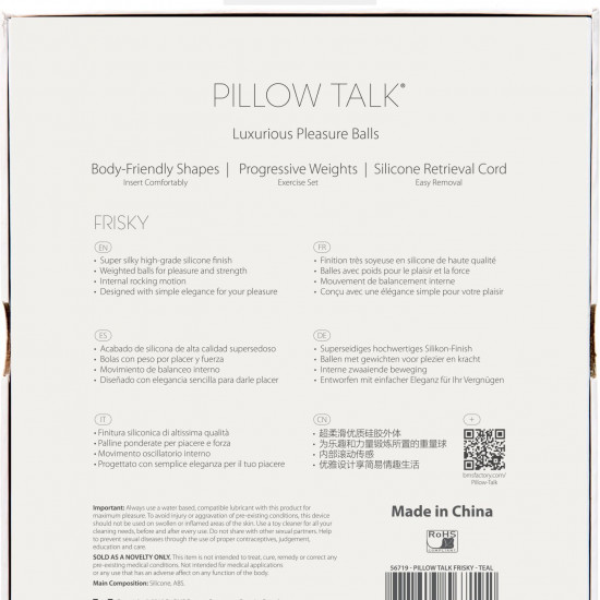 Роскошные вагинальные шарики PILLOW TALK - Frisky Teal с кристаллом, диаметр 3,2см, вес 49-75гр
