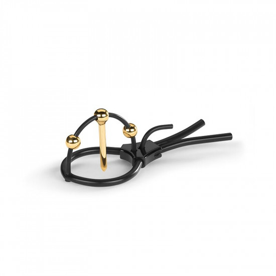 Утяжка для пениса Mystim Plunging Pete, позолоченная, с двумя шариками и коротким уретральным зондом