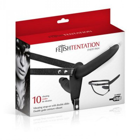 Двойной страпон с вибрацией Fetish Tentation Vibrating Strap-On with Double Dildo Black