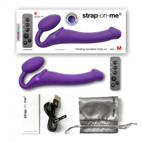 Безремневой страпон с вибрацией Strap-On-Me Vibrating Violet M диаметр 3,8 см, пульт ДУ, регулируемый