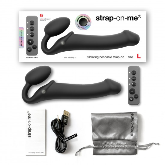 Безремневой страпон с вибрацией Strap-On-Me Vibrating Black L, диаметр 3,7см, пульт ДУ, регулируемый