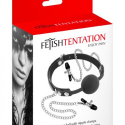 Кляп з силіконовою кулькою і затискачами для сосків Fetish Tentation Gag Ball with Nipple Clamps
