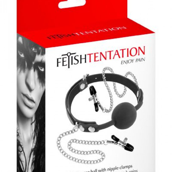 Кляп с силиконовым шариком и зажимами для сосков Fetish Tentation Gag Ball with Nipple Clamps