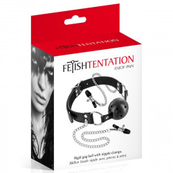 Повітропроникний кляп із затискачами для сосків Fetish Tentation Rigid Gag Ball with Nipple Clamps
