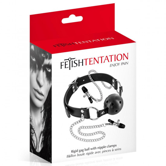 Воздухопроницаемый кляп с зажимами для сосков Fetish Tentation Rigid Gag Ball with Nipple Clamps