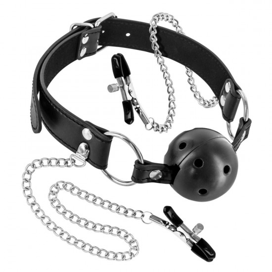 Воздухопроницаемый кляп с зажимами для сосков Fetish Tentation Rigid Gag Ball with Nipple Clamps