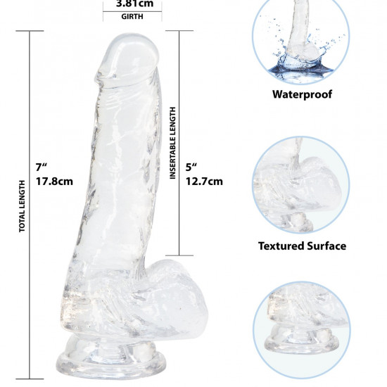 Прозрачный фаллоимитатор на присоске ADDICTION — Clear Dildo with Balls 7″, вибропуля в подарок