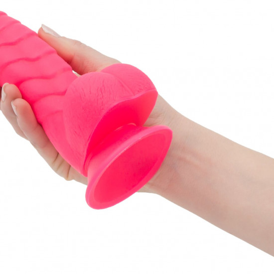 Ребристый фаллоимитатор на присоске ADDICTION — Tom 7″ Dildo With Balls — Pink, вибропуля в подарок