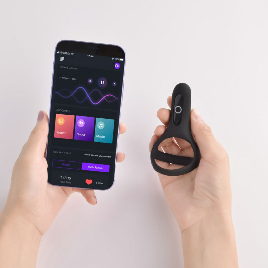 Двойное эрекционное кольцо Fun Town Rise Black, управление со смартфона