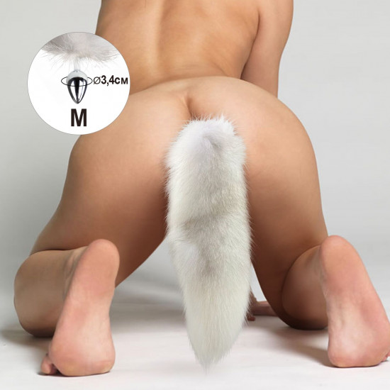 Металлическая анальная пробка с хвостом из натурального меха Art of Sex size M White fox
