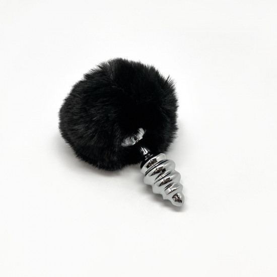 Металлическая анальная пробка Кроличий хвостик Alive Fluffy Twist Plug S Black, диаметр 2,9 см