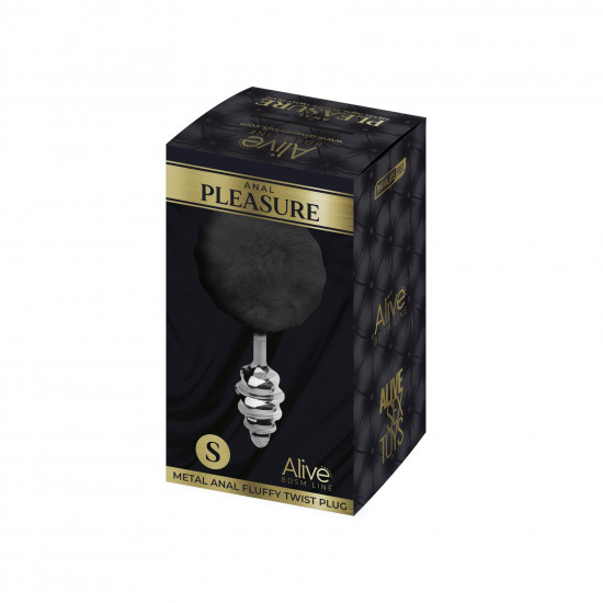 Металлическая анальная пробка Кроличий хвостик Alive Fluffy Twist Plug S Black, диаметр 2,9 см