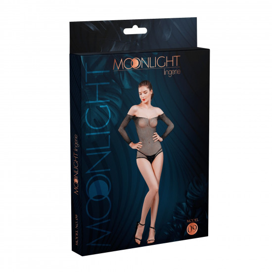 Сетчатое боди со стразами Moonlight Model 09 XS-L Black, открытые плечи