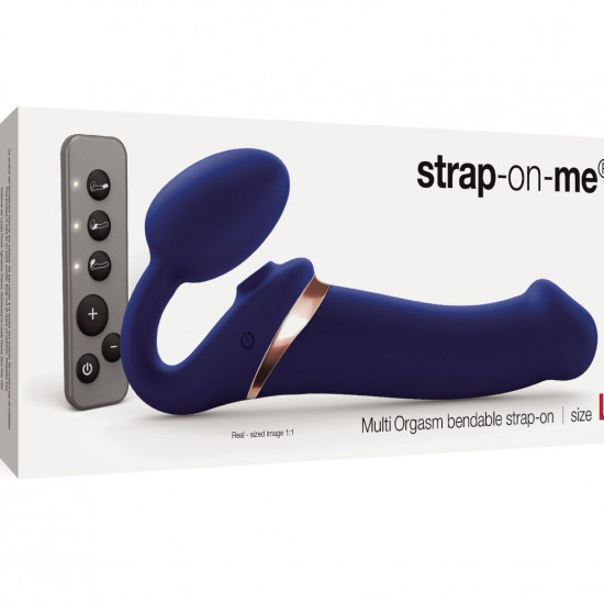Безремневой вибрострапон с вакуумной стимуляцией Strap-On-Me MULTI ORGASM Blue L, регулируемый