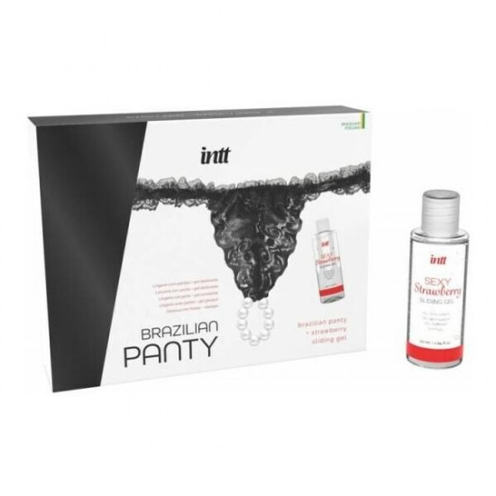 Набор Intt BRAZILIAN PANTY BLACK: трусики на резинке S-XL с жемчужным кольцом + клубничная смазка