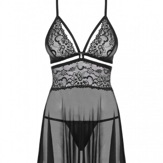 (SALE) Эротический кружевной комплект с сеточкой Obsessive 838-BAB-1 babydoll & thong black S/M, черный, пе