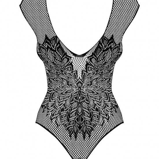 (SALE) Бодистокинг из крупной сетки с кружевом Obsessive B112 teddy XL/XXL, черный, с доступом