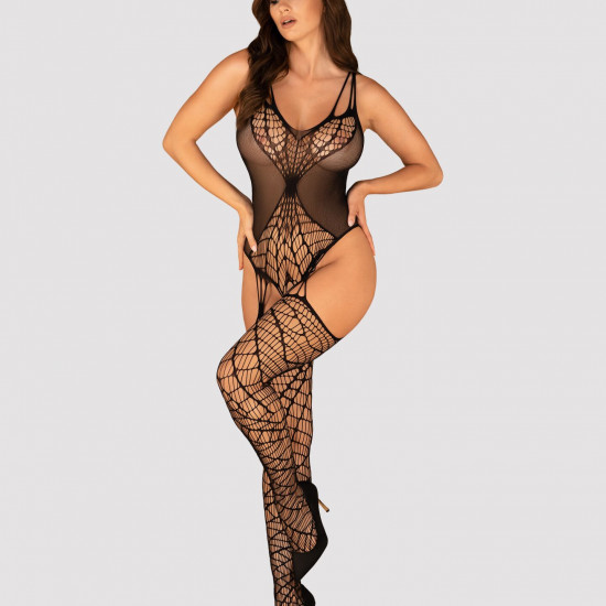 (SALE) Ажурный бодистокинг под паутину Obsessive Bodystocking G325 black S/M/L, черный, комбинезон, имитаци