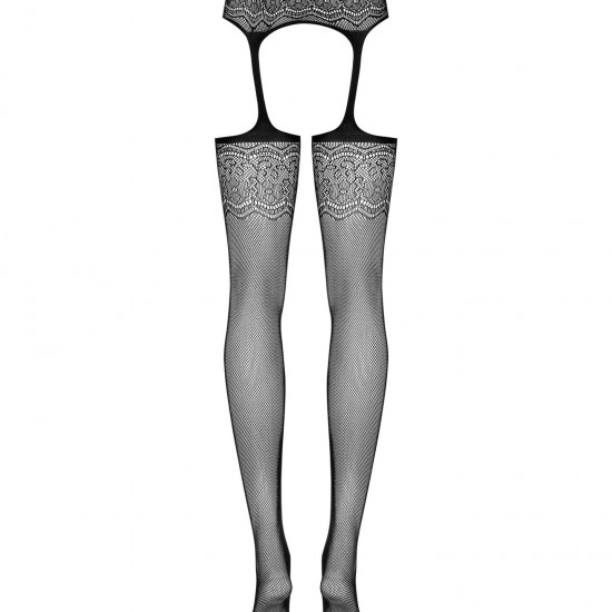 (SALE) Сетчатые чулки-стокинги с цветочным рисунком Obsessive Garter stockings S207 S/M/L, черные, имитация