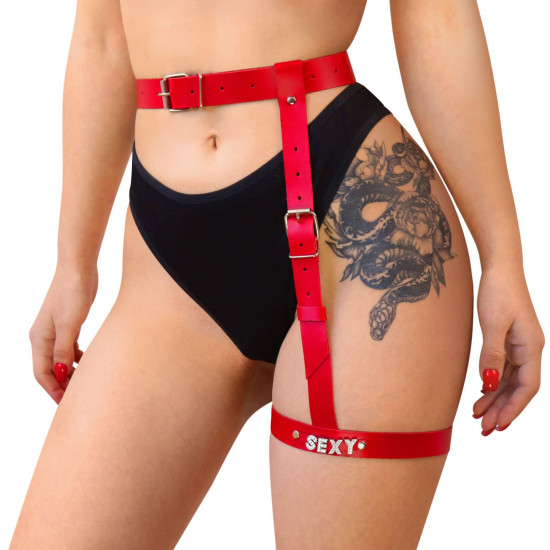 Гартер на ногу Art of Sex - Naomi с надписью SEXY, натуральная кожа, размер XS-2XL, цвет красный