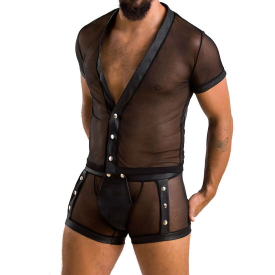 Комплект сетчатого мужского белья Passion 052 SET MICHAEL S/M black, рубашка, боксеры, заклепки