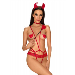 (SALE) Еротичний костюм чортика зі стреп Obsessive Evilia teddy red L/XL, боді, чокер, накладки на соски, о