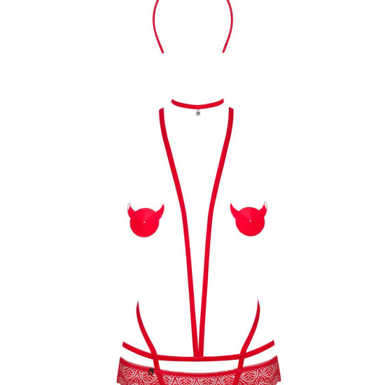 (SALE) Эротический костюм чертика из стреп Obsessive Evilia teddy red L/XL, боди, чокер, накладки на соски,