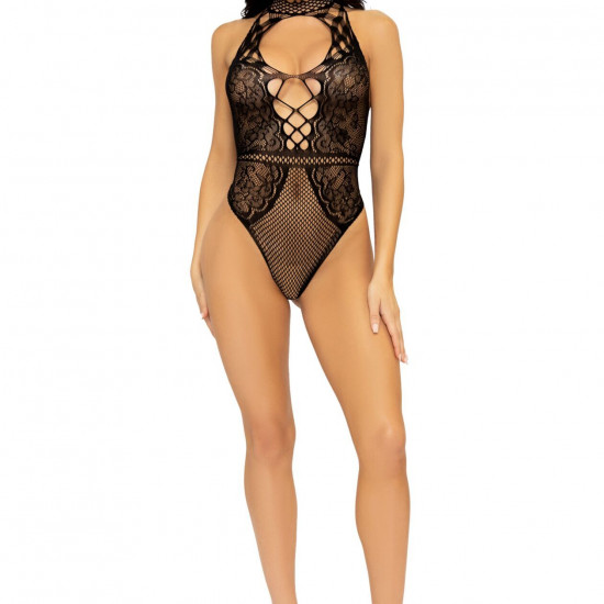 Leg Avenue Net and lace halter bodysuit OS Black