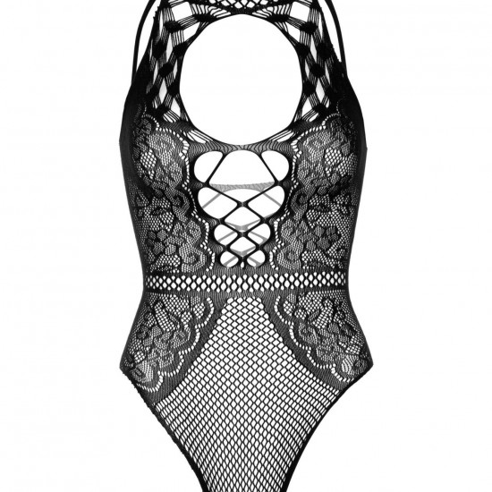 Leg Avenue Net and lace halter bodysuit OS Black