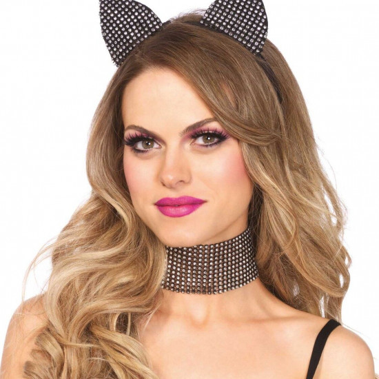 Набор кошечки со стразами Leg Avenue Cat ear headband & choker set, широкий чокер и ушки