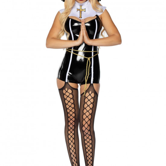 Виниловый костюм монашки Leg Avenue Sinful Sister S, комбинезон, воротник, пояс, головной убор