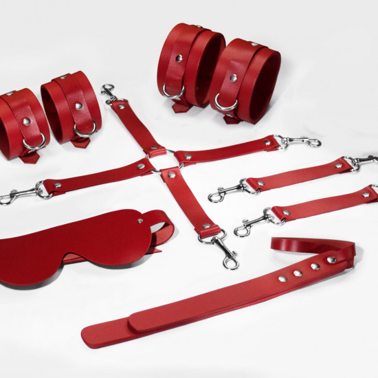 Набор Feral Feelings BDSM Kit 5 Red, наручники, поножи, крестовина, маска, паддл