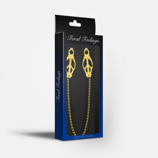 Зажимы для сосков с цепочкой Feral Feelings – Clover nipple clamps, золото/белый