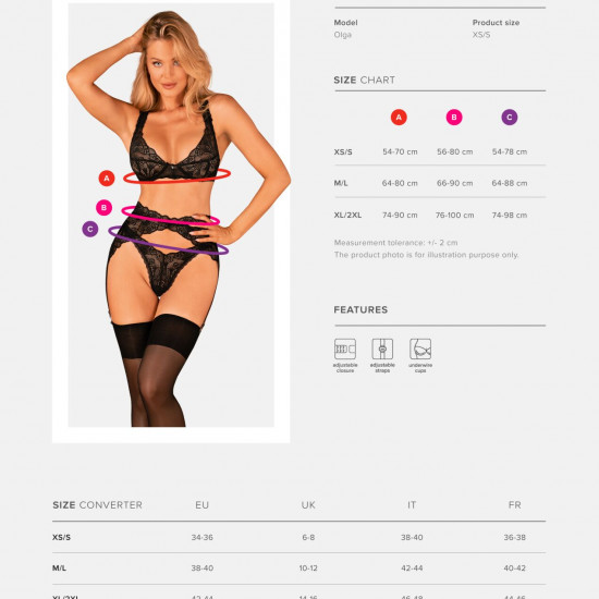 (SALE) Комплект белья Obsessive Donna Dream 3-pcs set XS/S Black, бюстгальтер, стринги, пояс для чулок