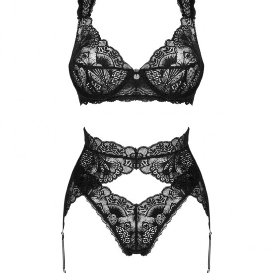 (SALE) Комплект белья Obsessive Donna Dream 3-pcs set XS/S Black, бюстгальтер, стринги, пояс для чулок