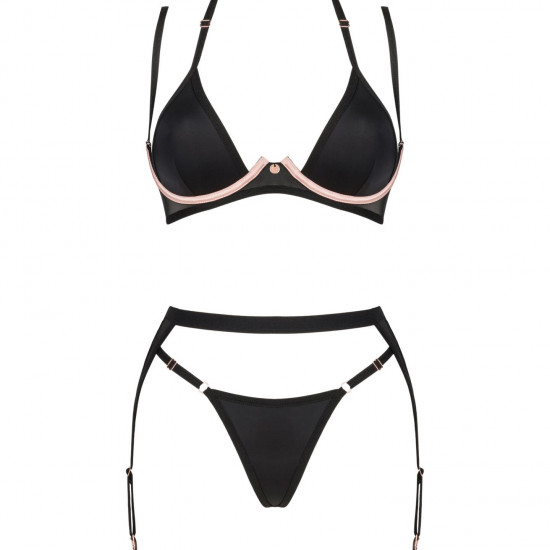 (SALE) Комплект белья Obsessive Selinne 3-pcs set XS/S Black, бюстгальтер, стринги пояс для чулок