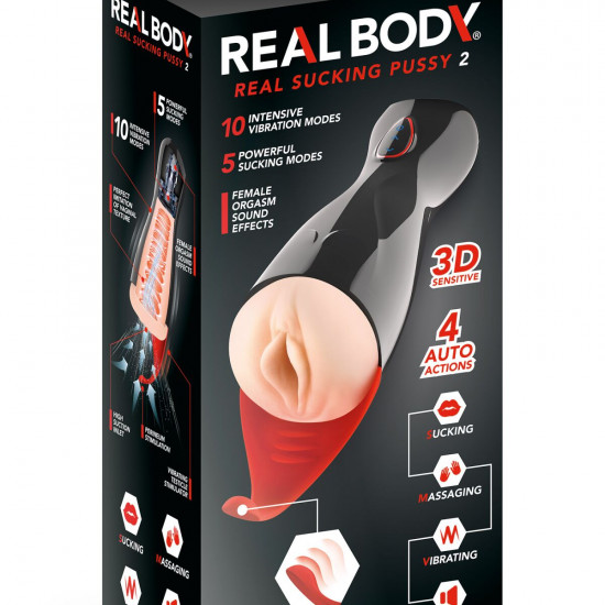 Премиум-вибромастурбатор Real Body - Real Sucking Pussy 2, всасывание, звук, стимуляция промежности
