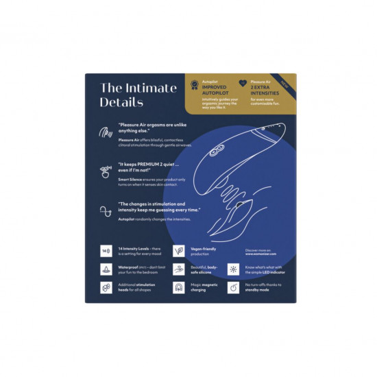 Вакуумный клиторальный стимулятор Womanizer Premium 2 - Blueberry, функции Autopilot и Smart Silence