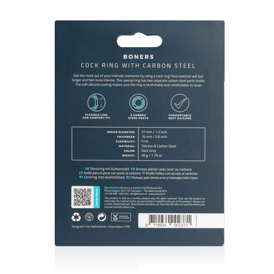 Эрекционное кольцо Boners Cock Ring With Steel Core, стальные вставки, внутренний диаметр 3,7 см