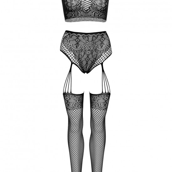 Эротический комплект Leg Avenue Crop top and garter panty Black, топ, трусики с доступом, чулки