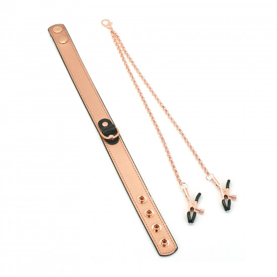 Ошейник с зажимами для сосков Liebe Seele Rose Gold Memory Collar with Nipple Clamps, кожа
