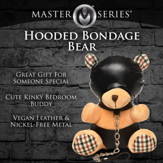 Плюшевый медвежонок HOODED Teddy Bear БДСМ в кожаном капюшоне с поводком, 23x16x12 см