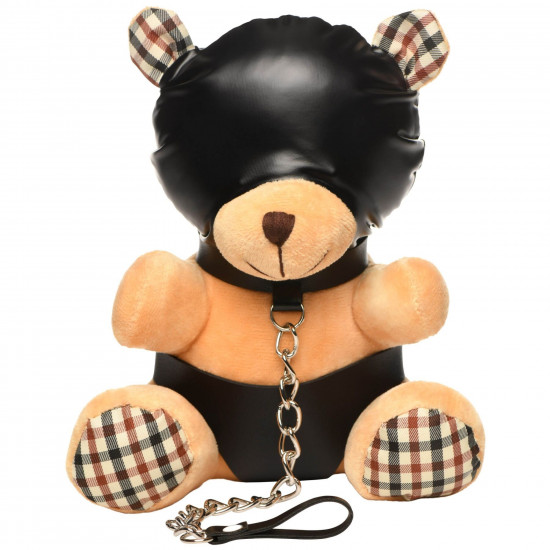 Плюшевый медвежонок HOODED Teddy Bear БДСМ в кожаном капюшоне с поводком, 23x16x12 см
