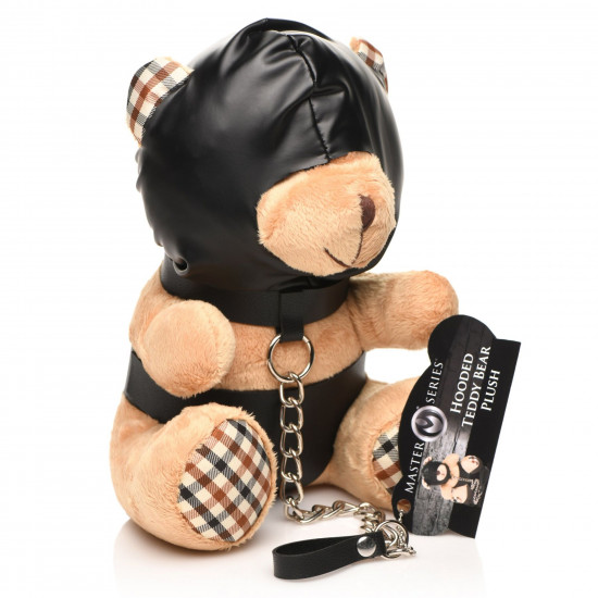 Плюшевый медвежонок HOODED Teddy Bear БДСМ в кожаном капюшоне с поводком, 23x16x12 см