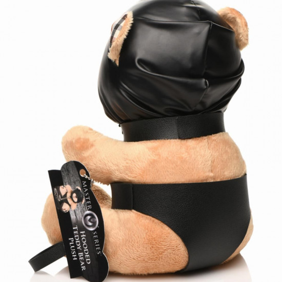 Плюшевый медвежонок HOODED Teddy Bear БДСМ в кожаном капюшоне с поводком, 23x16x12 см