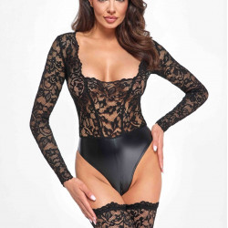 Боді Noir Handmade F296 Psyche, XL, мереживо, довгий рукав, низ під латекс, з доступом