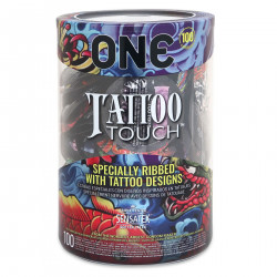 Набір презервативів ONE Tattoo Touch, 100 шт, з рельєфом у вигляді тату, 3 різновиди, паковання-тубус